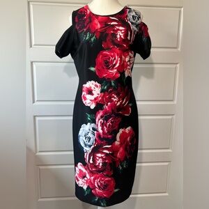 Enfocus‎ Studio 8 Rose Floral Black Cold Shoulder Midi Dress